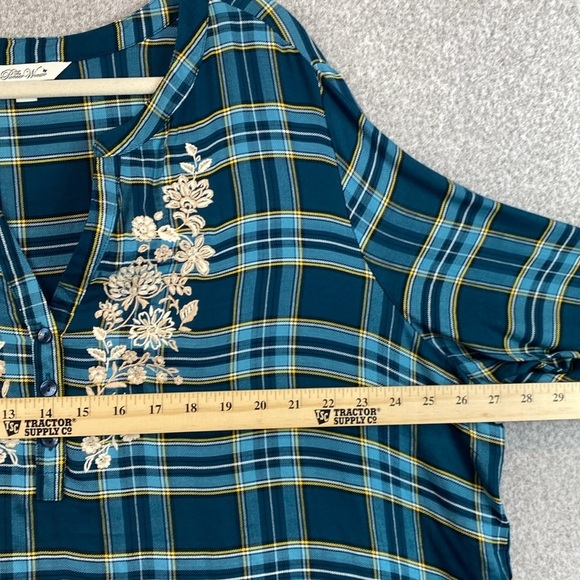 Pioneer Woman boho embroidered tunic blouse Henley button turquoise plaid 2X - Picture 9 of 9